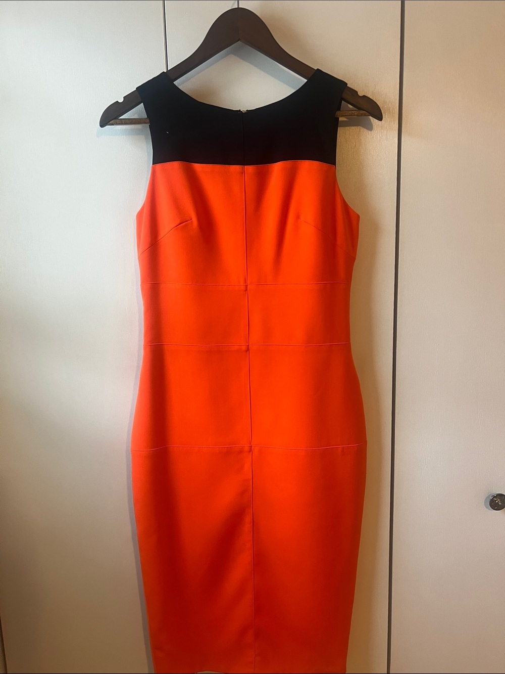 House of CB Orange Midi Sheath Dress with Black Yoke Panel